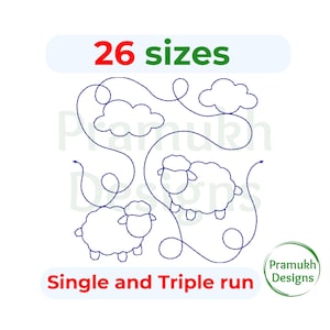 Puede incluir: Ilustración de tres ovejas y dos nubes, todas delineadas en azul. El texto "26 tamaños" está en rojo y verde, y "Single and Triple run" está en rojo. El logotipo de Pramukh Designs está en la esquina inferior derecha.