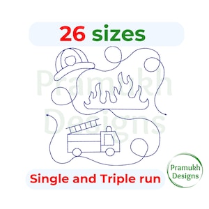 May include: A blue line drawing of a fire engine, a fireman's hat, and flames. The text "26 sizes" and "Single and Triple run" are also included in the image.