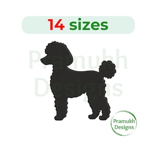 May include: Black silhouette of a poodle dog, with the text "14 sizes" above the image and "Pramukh Designs" below the image.