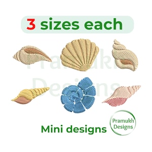 Könnte beinhalten: Gestickte Muschelmotive in verschiedenen Formen und Farben, darunter Beige, Gelb, Blau und Rosa. Das Bild enthält den Text "3 Größen" und "Mini-Designs."