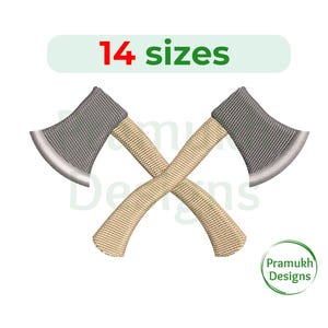 May include: Two crossed axes with wooden handles. The axes are silver and the handles are beige. The image includes the text "14 sizes".