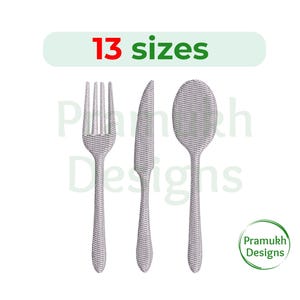 May include: A set of three silver embroidery designs of a fork, knife, and spoon. The designs are available in 13 sizes.