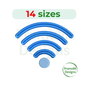 以下が含まれることがあります： 14サイズの青いWi-Fiシンボル刺繍デザイン。シンボルは4つの青い弧と、下部に小さな青い円から構成されています。