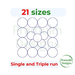 May include: A graphic design featuring a grid of blue outlined circles with a central flower-like arrangement. The text reads 21 sizes at the top and Single and Triple run at the bottom, with a Pramukh Designs logo in the lower right corner.