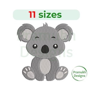 May include: Embroidered design of a gray koala bear sitting with its arms crossed. The koala has black eyes and a black nose. The design is available in 11 sizes.