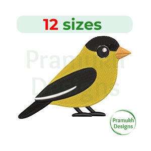 Puede incluir: Diseño bordado de un pájaro amarillo con alas y cabeza negras, y un pico amarillo. El texto "12 tamaños" está encima del pájaro. El pájaro está sobre un fondo blanco. El logotipo "Pramukh Designs" está en la esquina inferior derecha.