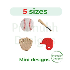 Peut inclure: Image de broderies sur le thème du baseball. Les motifs comprennent une balle de baseball, une batte, un gant et un casque. Le texte "5 tailles" et "Mini designs" est également présent. Les motifs sont rouges, beiges et blancs.