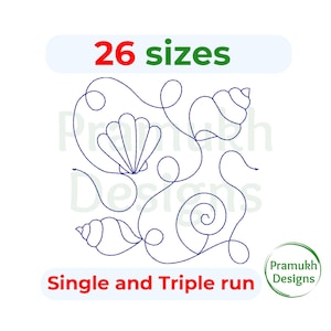 以下が含まれることがあります： 白い背景に、貝殻と流れるような線の青い線画。上部のテキストは赤と緑で「26サイズ」と書かれています。テキスト「Single and Triple run」は一番下にあります。