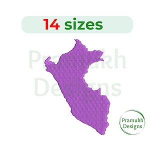May include: Purple outline of the country of Peru, with the text "14 sizes" above it and " Pramukh Designs" below it.