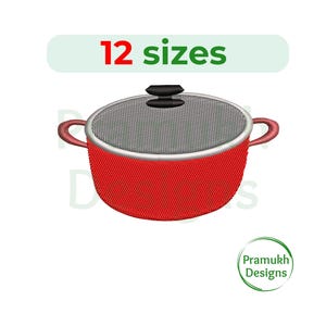 May include: An embroidered red cooking pot with two side handles and a grey lid featuring a black handle. Above the pot, the text reads 12 sizes. In the bottom right corner, a circular logo contains the text Pramukh Designs in green.