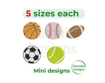 Mini Sports Balls Embroidery Design Set (1–2 inch) – Baseball, Basketball, Football, Soccer, Tennis, Instant Download
