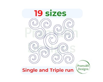 Puede incluir: Un diseño de bordado digital con un patrón repetitivo de motivos de triple espiral en azul oscuro. La imagen incluye el texto 19 sizes en la parte superior y Single and Triple run en la inferior, con un logo circular Pramukh Designs.