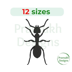 May include: Black silhouette of an ant with 12 sizes available. The ant is facing forward with its legs outstretched. The image is on a white background.