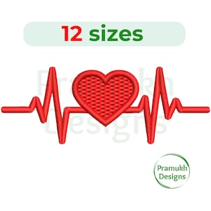 May include: A red heart-shaped design with a textured fill is centered on a red heartbeat line. The text "12 sizes" is above the design, and a circular logo with text is below. The design is on a white background.