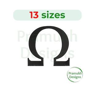 May include: Black embroidery design of the Greek letter Omega. The design is available in 13 sizes.