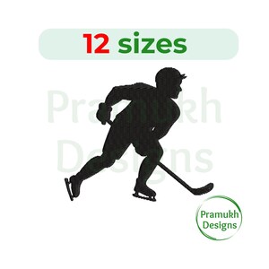 May include: A black machine embroidery design of a hockey player in motion holding a stick. The text 12 sizes appears at the top, and the text Pramukh Designs is visible in the background and within a circular logo in the bottom right corner.