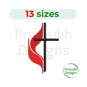 May include: A graphic design featuring a black cross and a red flame-like shape, with the text "13 sizes" in green. The design is set against a white background, with the words "Pramukh Designs" in the background.