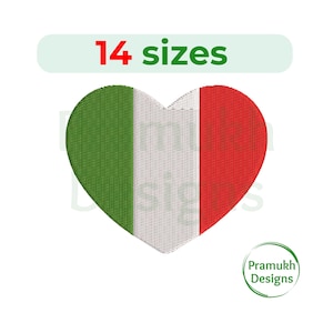May include: Heart-shaped design featuring the Italian flag's green, white, and red vertical stripes. The text "14 sizes" is above the heart, and a circular logo with text is in the lower right corner. The design is on a white background.