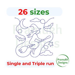 Può includere: Un disegno per ricamo a linee blu raffigurante una strega che vola su una scopa, circondata da una luna crescente, stelle, nuvole e pipistrelli. Il testo 26 sizes e Single and Triple run è in rosso e verde. Logo Pramukh Designs visibile.