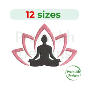 May include: A black silhouette of a person in a seated yoga pose, surrounded by a pink lotus flower design. The text "12 sizes" is above the design. The image also includes the text "Pramukh Designs" in a circular logo.