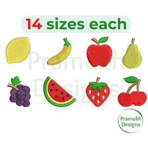 Puede incluir: Diseños bordados de varias frutas, incluyendo un limón, un plátano, una manzana, una pera, una sandía, una fresa y cerezas. Los diseños están disponibles en 14 tamaños cada uno.
