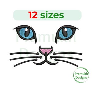 Può includere: Disegno ricamato di un viso di gatto con occhi blu, naso rosa e baffi neri. Il design è disponibile in 12 dimensioni.