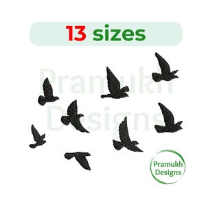 May include: An image featuring a collection of black bird silhouettes in flight. The text "13 sizes" is displayed above the birds, and a logo for "Pramukh Designs" is in the lower right corner. The birds are arranged in a scattered pattern.
