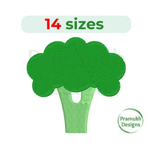 May include: Green broccoli embroidery design with 14 sizes available. The design features a green broccoli head with a stem.