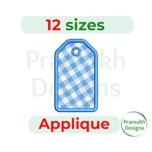 May include: A blue and white gingham applique tag design with the text "12 sizes" and "Applique". The tag has a blue border and a hole at the top. The design is from Pramukh Designs.