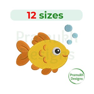 May include: Embroidered yellow fish with orange fins and tail, and a smiling face. The image includes three blue bubbles and the text "12 sizes" in red and green. The design is by Pramukh Designs.