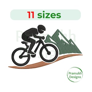 Pode incluir: Silhueta preta de um ciclista em uma bicicleta de montanha, com uma montanha verde e uma linha curva marrom. O texto "11 sizes" está acima do ciclista. A imagem também inclui o texto "Pramukh Designs" em um círculo verde.