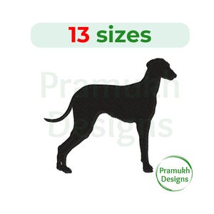Op de afbeelding: Zwarte silhouet van een hond, mogelijk een Greyhound, in staande positie. De afbeelding bevat de tekst "13 maten" en "Pramukh Designs".