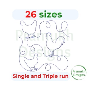 Könnte beinhalten: Ein digitales Stickmuster mit einem Hahn und zwei Hühnern, mit dem Text "26 Größen" und "Einzel- und Dreifachlauf" in Rot und Blau. Das Design ist in Blau umrandet und vor einem weißen Hintergrund platziert.