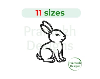 Può includere: Illustrazione in bianco e nero di un coniglio seduto. L'immagine include il testo "11 taglie" in verde e rosso e un logo circolare con la scritta "Pramukh Designs".