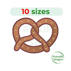 May include: An embroidery design of a brown pretzel with a dark outline and small white salt grain details. Above the pretzel, the text reads 10 sizes in red and green. A circular logo in the bottom right corner contains the text Pramukh Designs.