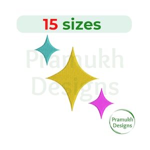 May include: Three embroidered starburst designs in teal, gold, and pink. The image includes the text "15 sizes" in red and green, and a logo that says "Pramukh Designs".