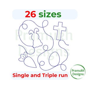 May include: A digital embroidery design featuring a continuous line drawing of a rabbit, a cross, an egg, and a carrot. The text 26 sizes and Single and Triple run is visible. The Pramukh Designs logo is in the bottom right corner.