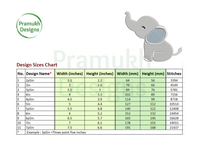 May include: A chart showing different sizes of an elephant embroidery design. The chart lists the design name, width and height in inches and millimeters, and the number of stitches. The design is of a gray elephant with a blue ear, sitting with its trunk raised.