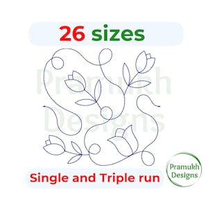 Puede incluir: Un patrón de bordado de líneas azules con tulipanes estilizados conectados por tallos ondulados. El texto 26 sizes aparece en la parte superior y Single and Triple run en la inferior. Un logotipo circular de Pramukh Designs está en la esquina inferior derecha.