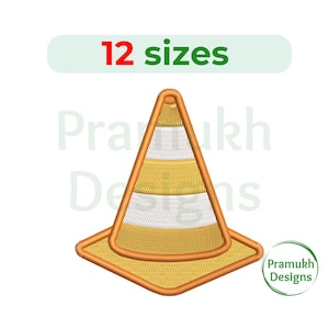 May include: Embroidered design of a traffic cone with yellow, white, and orange stripes. The design includes the text "12 sizes" at the top and the "Pramukh Designs" logo. The cone is on a square base.