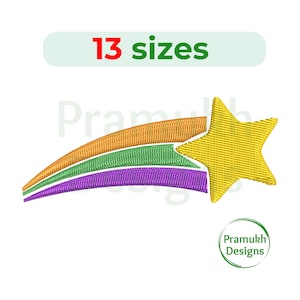 Op de afbeelding: Een kleurrijk gestikt vallende ster ontwerp met een gele ster en strepen in oranje, groen en paars. Het ontwerp is verkrijgbaar in 13 maten.