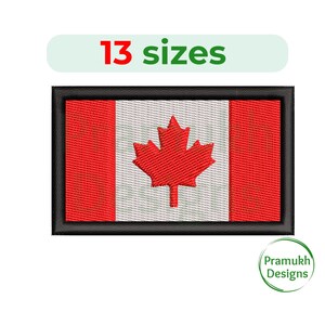 May include: Embroidered Canadian flag patch featuring a red maple leaf on a white background, with a black border. The patch is available in 13 sizes.