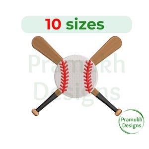 May include: Embroidered design of two crossed baseball bats with a white baseball in the center. The baseball has red stitching. The design is available in 10 sizes.