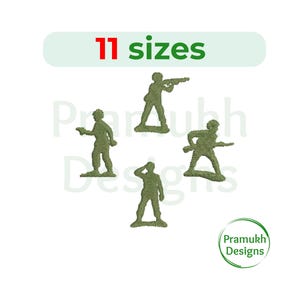 May include: Four green plastic toy soldiers in different poses, including standing, aiming a gun, and saluting. The text "11 sizes" is above the soldiers.