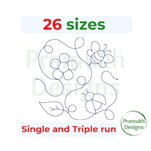 May include: An embroidery design featuring a flower, bee, and ladybug in a whimsical, continuous line style. The text "26 sizes" is above the design, and "Single and Triple run" is below. The Pramukh Designs logo is in the lower right corner.