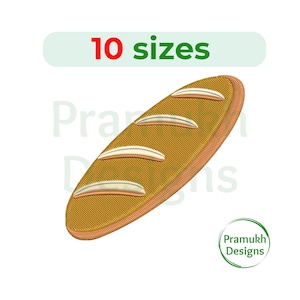 Può includere: Un disegno da ricamo di una baguette dorata con quattro tagli diagonali sulla parte superiore. Il testo 10 sizes appare in un riquadro con bordo verde sopra il pane, e il testo Pramukh Designs è all'interno di un logo circolare verde.