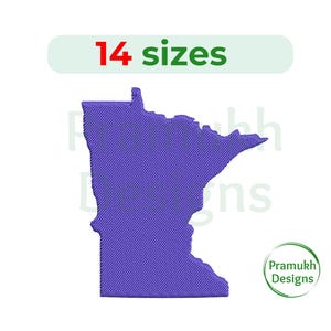 Puede incluir: Esquema morado del estado de Minnesota con el texto "14 tamaños" arriba y "Praमुख Designs" abajo.
