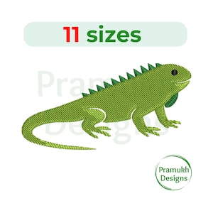 May include: A green iguana embroidery design with a detailed texture. The image includes the text "11 sizes" in red and green, and a circular logo with the text "Pramukh Designs".