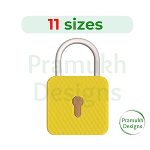 May include: A yellow embroidered padlock with a silver handle and a brown keyhole. The image includes the text "11 sizes" in red and a logo that says "Pramukh Designs".