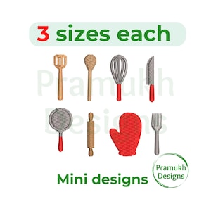 May include: Embroidered mini kitchen utensil designs, including a wooden spoon, whisk, knife, spatula, rolling pin, oven mitt, and fork. The text reads "3 sizes each" and "Mini designs".